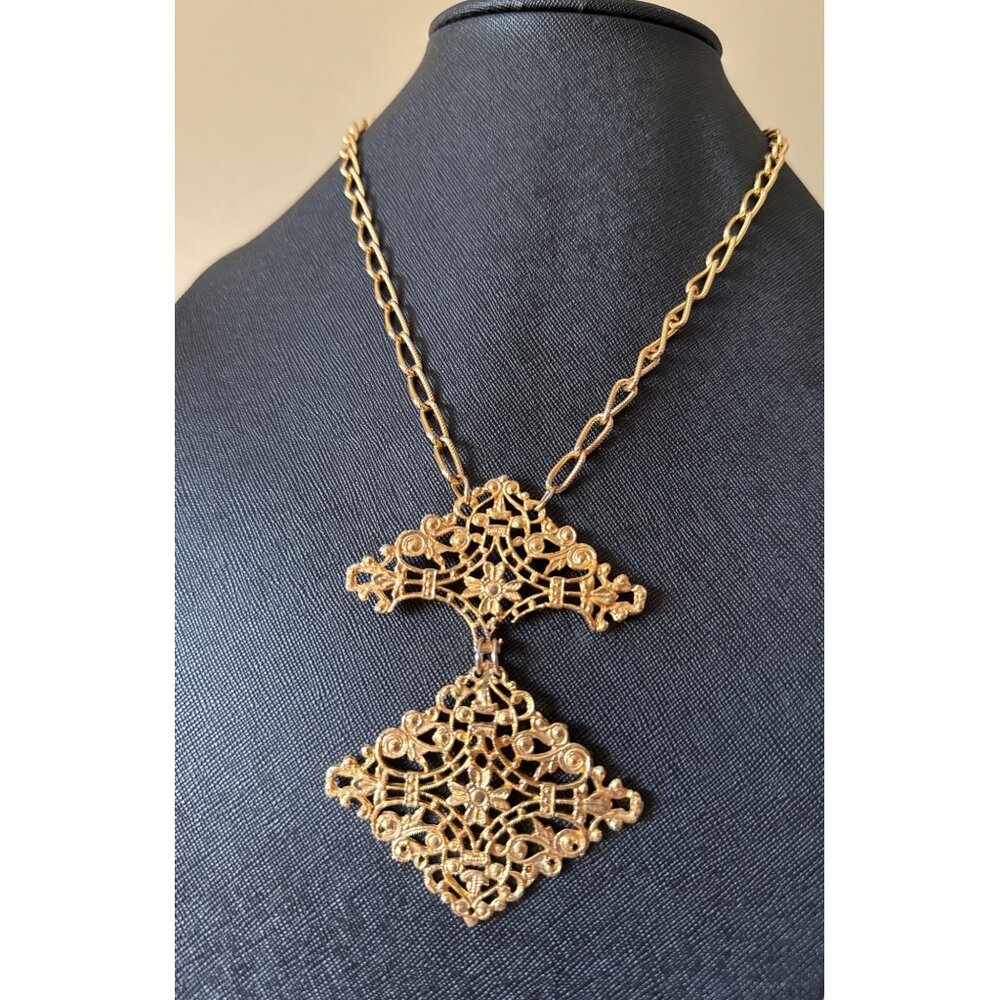 Vintage Gold-Tone Filigree Pendant Necklace With Double Cross Unique